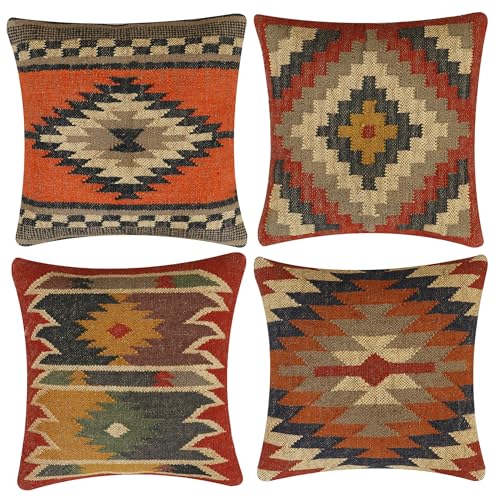 INDACORIFY Fundas de coj&iacute;n Kilim Vintage Fundas de Almohada de Yute de Lana India Juego de...