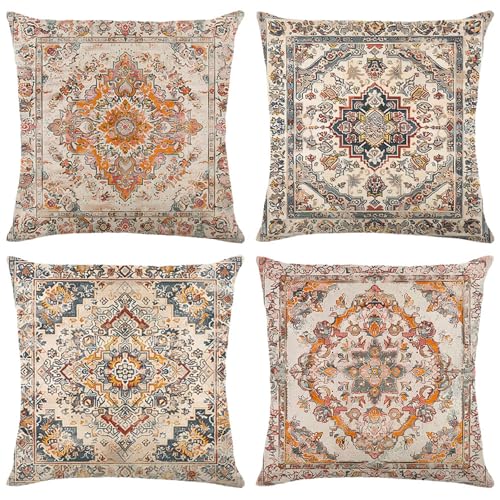 Trlyane Fundas de Coj&iacute;n Estilo Boho Vintage 4 Piezas - Tela de Lino 45x45cm - Dise&ntilde;o de...