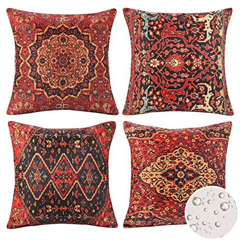 Juego de 4 Funda de Cojín Impermeable 40x40cm Patrón de Alfombra Turca Kilim Lino de Algodon Suave...