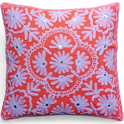 Original Kikan Funda de coj&iacute;n floral bordada a mano, turquesa con bordado de lavanda blanca,...