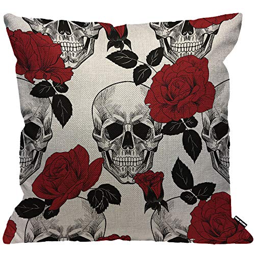 HGOD DESIGNS Funda de coj&iacute;n de calavera de az&uacute;car con rosa roja, funda de almohada decorativa para...