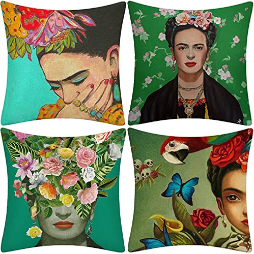 Fundas de coj&iacute;n de Estilo Mexicano de 45 cm x 45 cm, Paquete de 4 Fundas de Almohada de Lino...