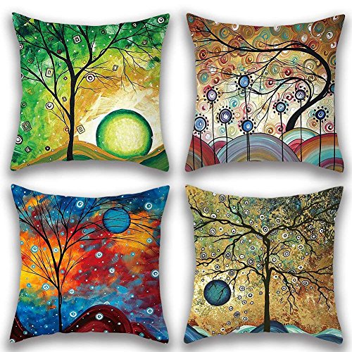 Gspirit 4 Pack Maravilloso Árbol Algodón Lino Throw Pillow Case Funda de Almohada para Cojín...