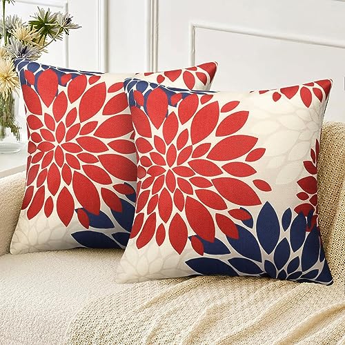 Velvhom Fundas Cojines 50x50cm, Juego de 2 Naranja y Azul Fundas de Cojines Sof&aacute; Oto&ntilde;o Lino Flores...