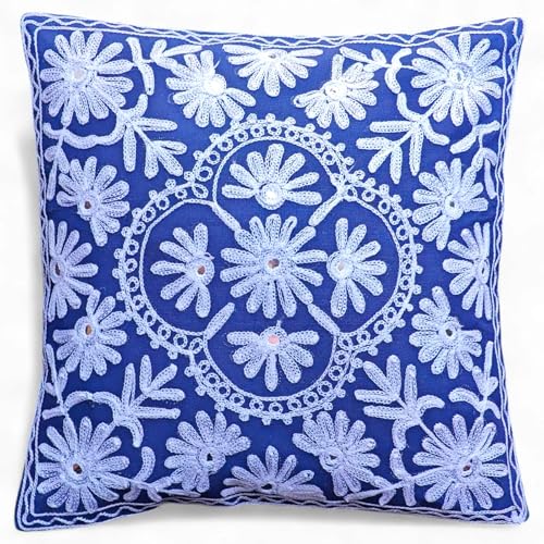 Original Kikan Funda de coj&iacute;n floral bordada a mano, turquesa con bordado blanco, algod&oacute;n, 40 x 40...