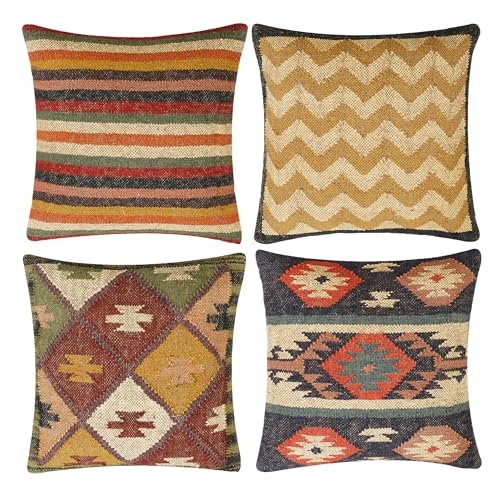 INDACORIFY, Juego de 4 Uds. De Funda de coj&iacute;n Kilim de Yute de Lana, Funda de Almohada turca Tejida...