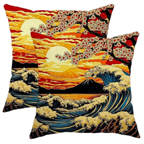 Juego de 2 fundas de almohada de estilo japon&eacute;s, cojines decorativos con patr&oacute;n de flores de...