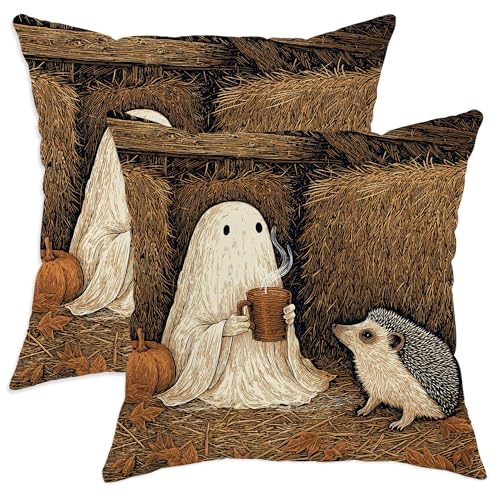 Juego de 2 fundas de almohada de Halloween, diseño de fantasma y erizo, fundas de cojín...