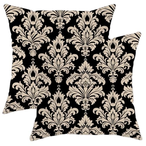 Juego de 2 fundas de coj&iacute;n decorativas de damasco barroco negro y beige, fundas de coj&iacute;n...