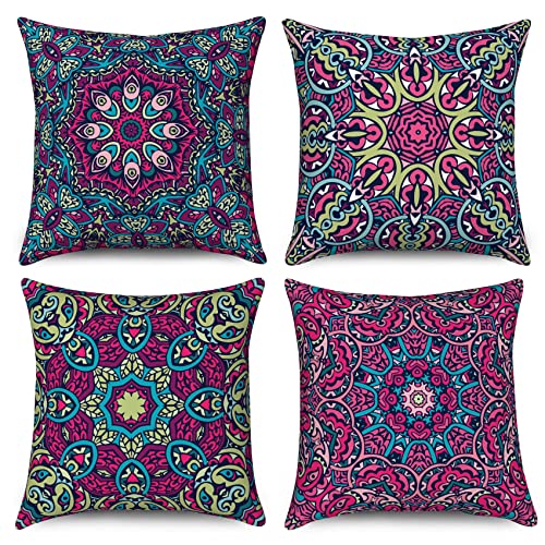 Hnmdmyi Funda de Cojín Boho 45x45 Juego de 4, Retro Floral Mandala Medallón Brújula Fundas de...