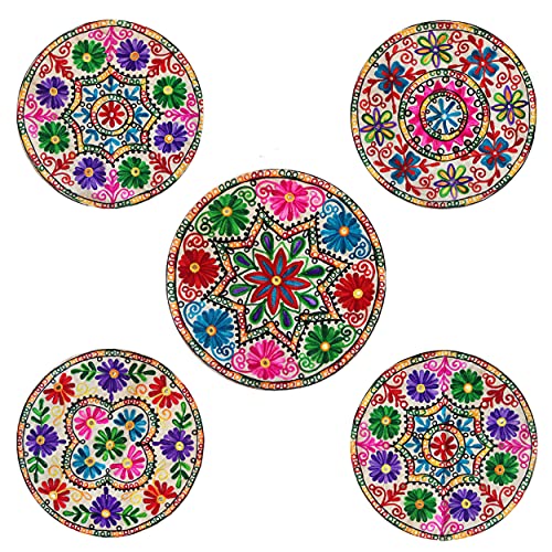 Saudeep India Funda de coj&iacute;n redonda Rajasthani bordada &eacute;tnica Khadi, 40,6 x 40,6 cm, paquete de 5...