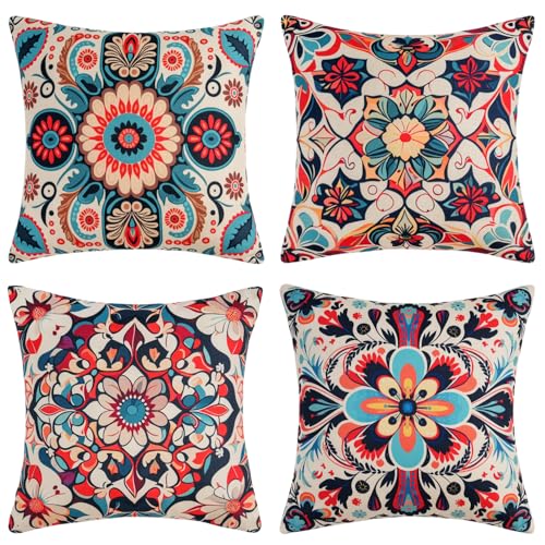 DakTou Fundas de Cojines Boho 45x45 Juego de 4 Bohemio Granja Retro Etnico Floral Mandala Colores...