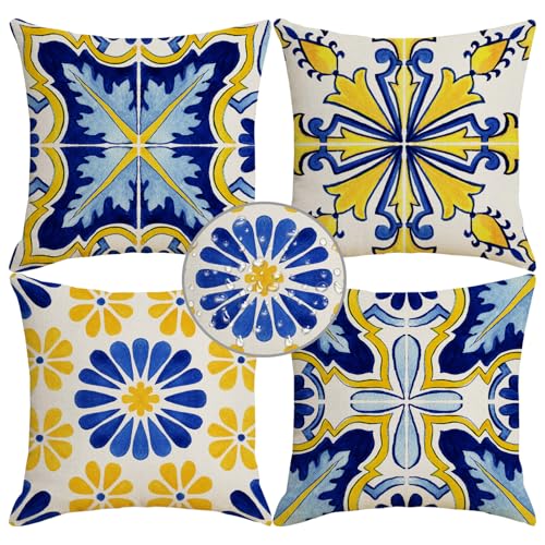 HOSTECCO Juego de 4 fundas de cojín impermeables amarillas y azules de 45 x 45 cm, fundas de cojín...