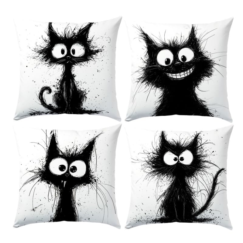 SEVENWELL Juego de 4 fundas de coj&iacute;n de gato de 45 x 45 cm, regalo para amantes de los gatos, funda...