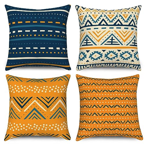 ASDCXZ Fundas de Cojines Boho 50x50 cm Juego de 4, Rayas Geom&eacute;tricas Modernas para Sof&aacute; Azul y...