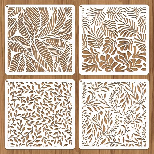 JSRQT 4 plantillas de decoraci&oacute;n de hojas y capas texturizadas para pintura, juego reutilizable de...
