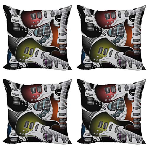 ABAKUHAUS Partido Estrella del Pop Set de 4 Fundas para Cojín, Guitarras Coloridas, Estampado...