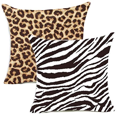 Juego de 2 fundas de cojín de algodón de 45 x 45 cm, diseño de leopardo, cebra, para sofá,...