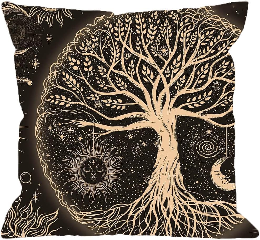 KEIROUTK Fundas de cojín con diseño de árbol de la vida, diseño de sol, luna, estrellas,...